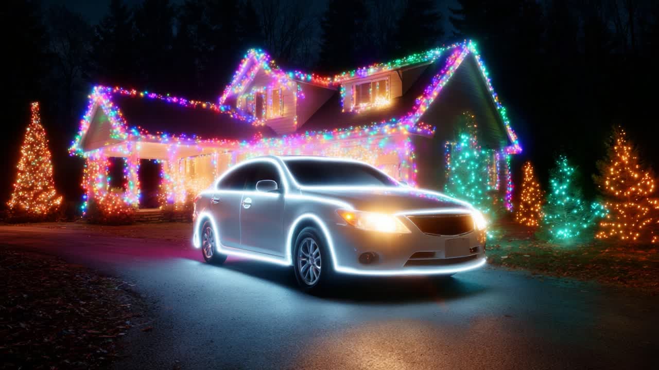 A Beautifully Lit House Decorated for the Holidays with Colorful Lights Surrounding the Structures, Complemented by a Car Outfitted with Bright Glow Effect Against the Night Sky