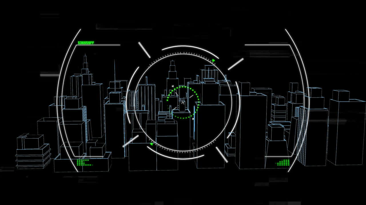 Animation of scope scanning over 3d drawing of city on black background