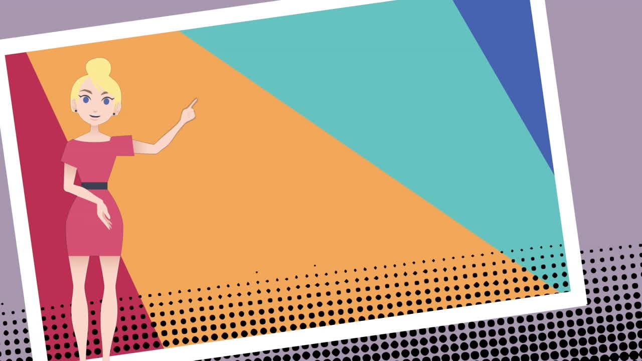 animación de una mujer hablando sobre formas coloridas