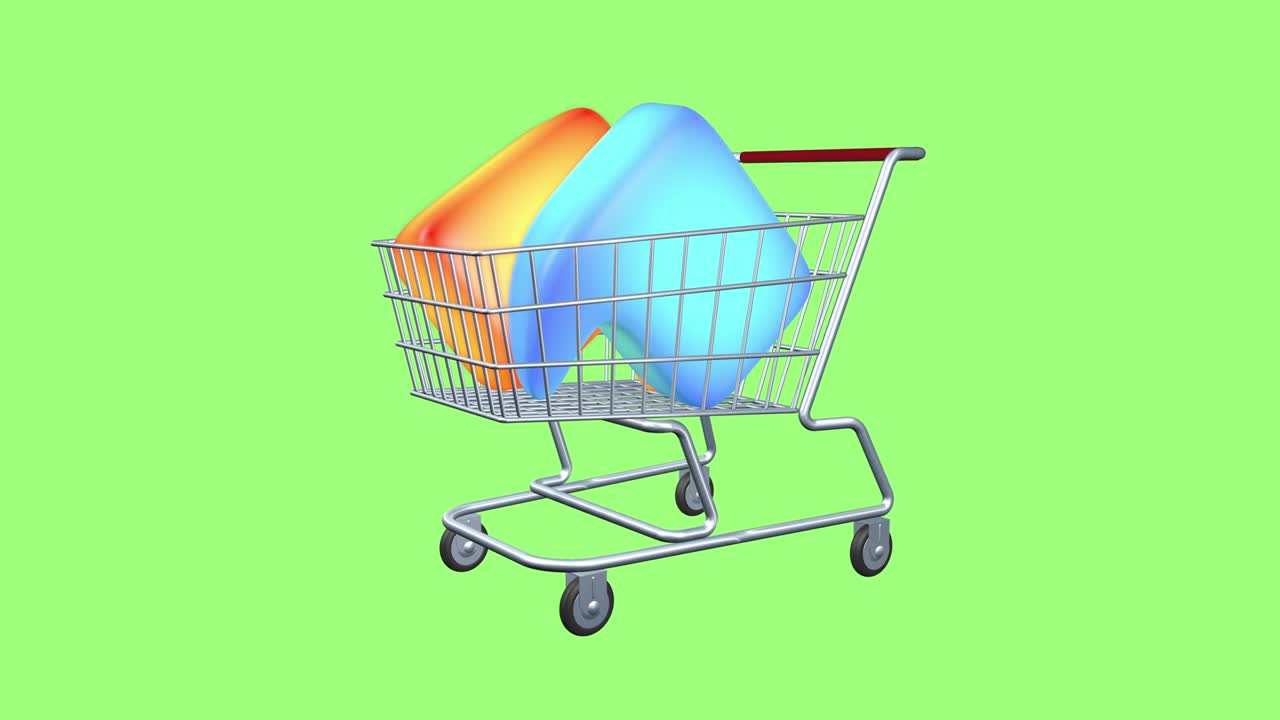 un letrero de mensaje virtual y un carrito de comestibles como símbolo de comercio. animación de la venta y compra de llamadas y eslóganes. pantalla verde aislada.