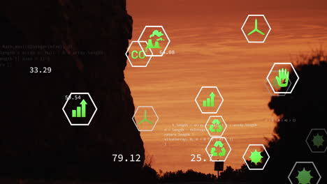 animación de iconos de sostenibilidad y ecología sobre el paisaje