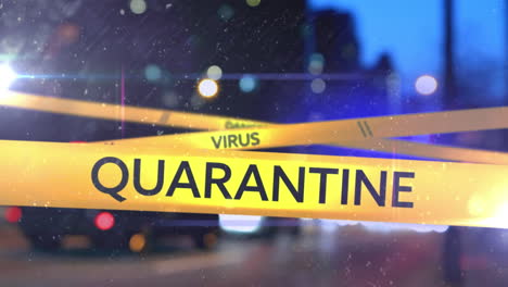 yellow police tapes with coronavirus, virus and quarantine text against night city traffic