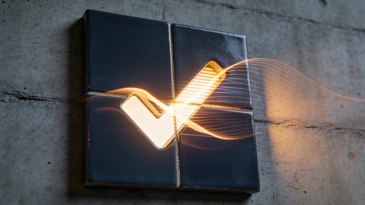 Emblema a piastrelle 2x2 che emette nastri di luce e illumina un segno di spunta su una parete di cemento