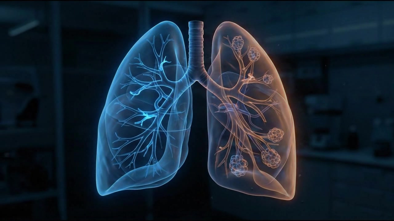 Ologramma medico 3D di due polmoni umani nella cavità toracica