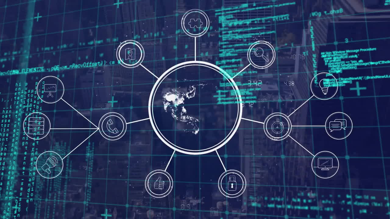 Animation of network of connections with icons and data processing over cityscape
