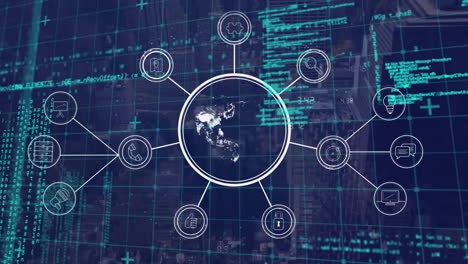 Animation-of-network-of-connections-with-icons-and-data-processing-over-cityscape