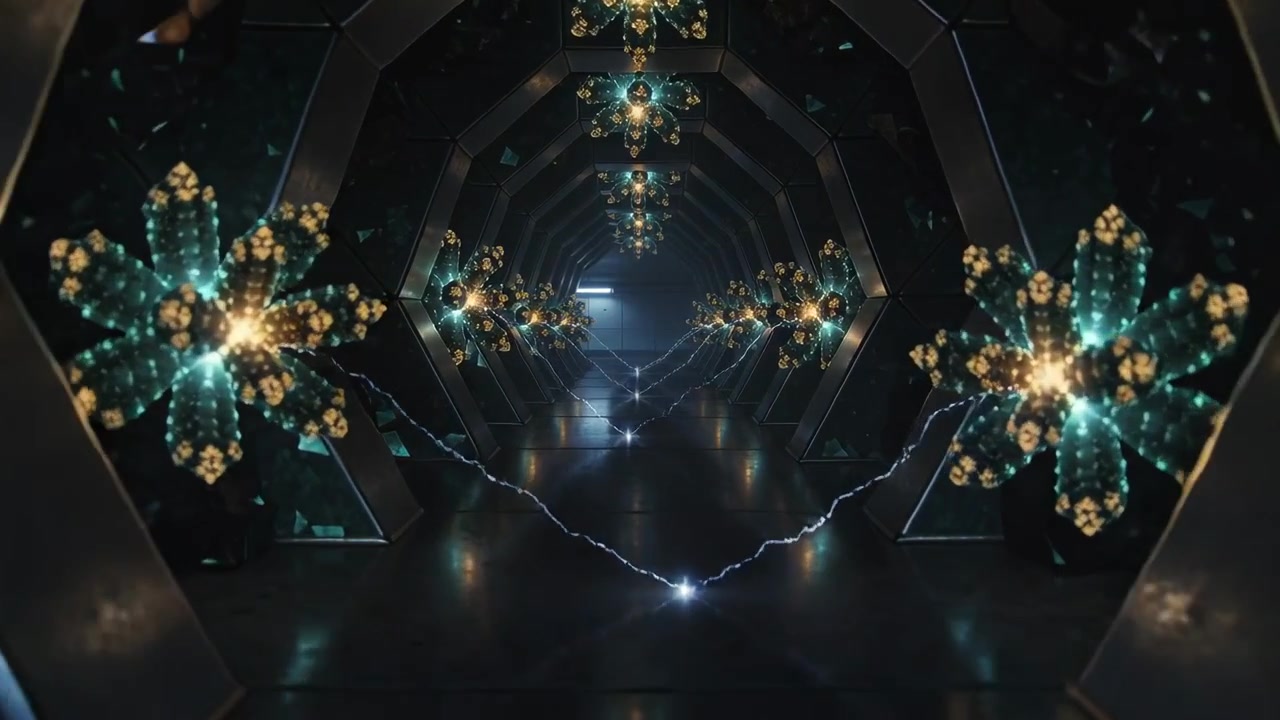 Cluster luminosi accoppiati che si illuminano collegandosi con un arco frastagliato lungo un tunnel esagonale