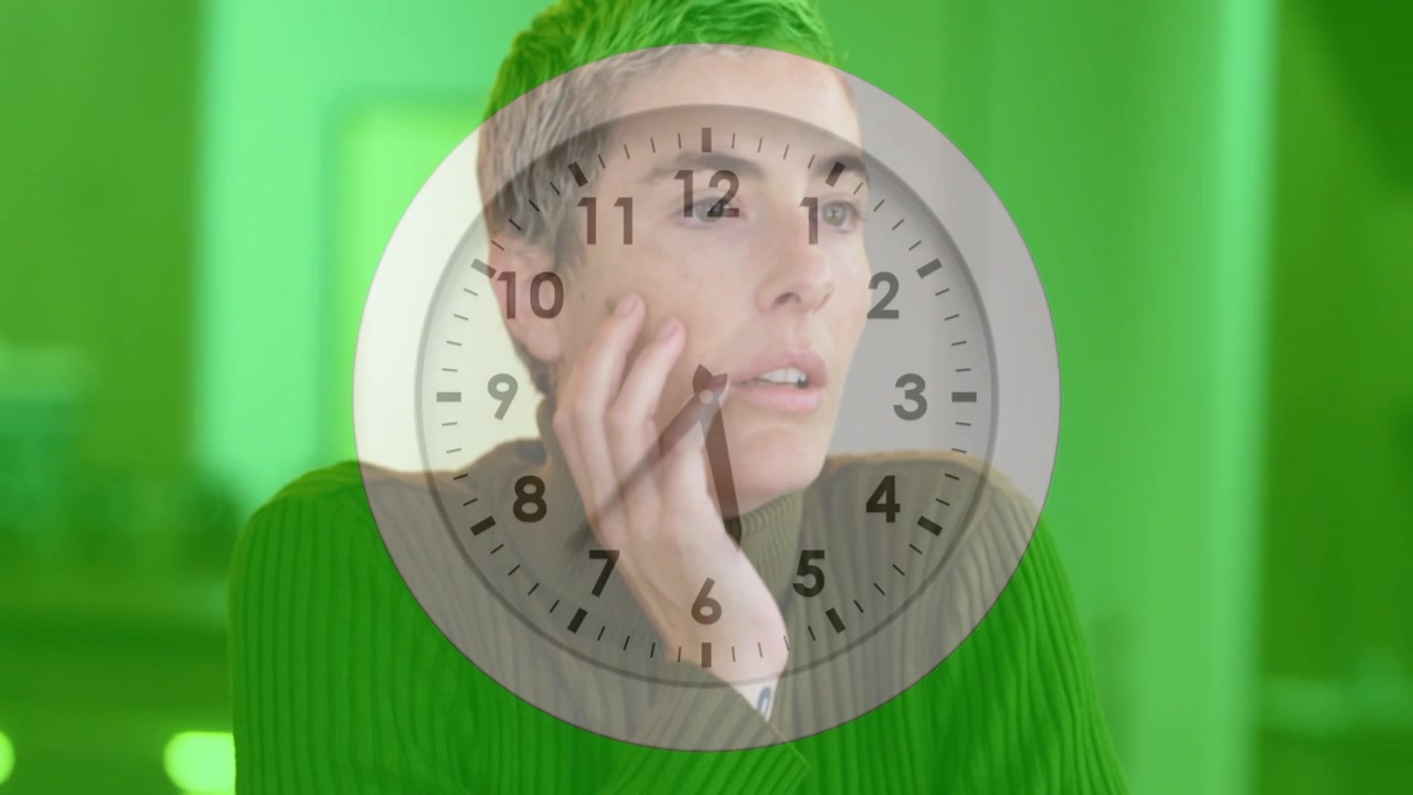 Woman working laptop in business, clock overlay ticking, causing pause, touching eye, gazing away