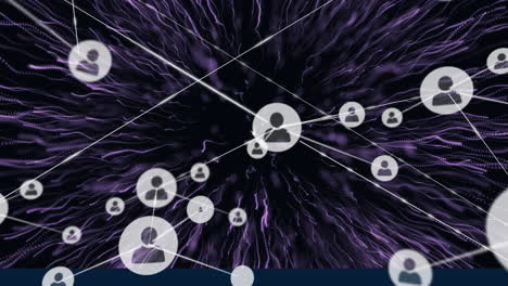 Animation of network of connections with people icons over glowing purple light trails
