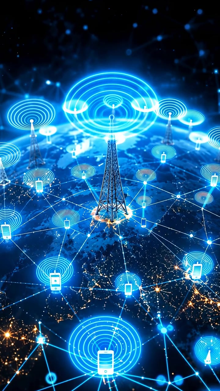 Early to mid sequence showing a tall communication tower near the center above a luminous Earth surface, with connected smartphone icons, bright linking lines