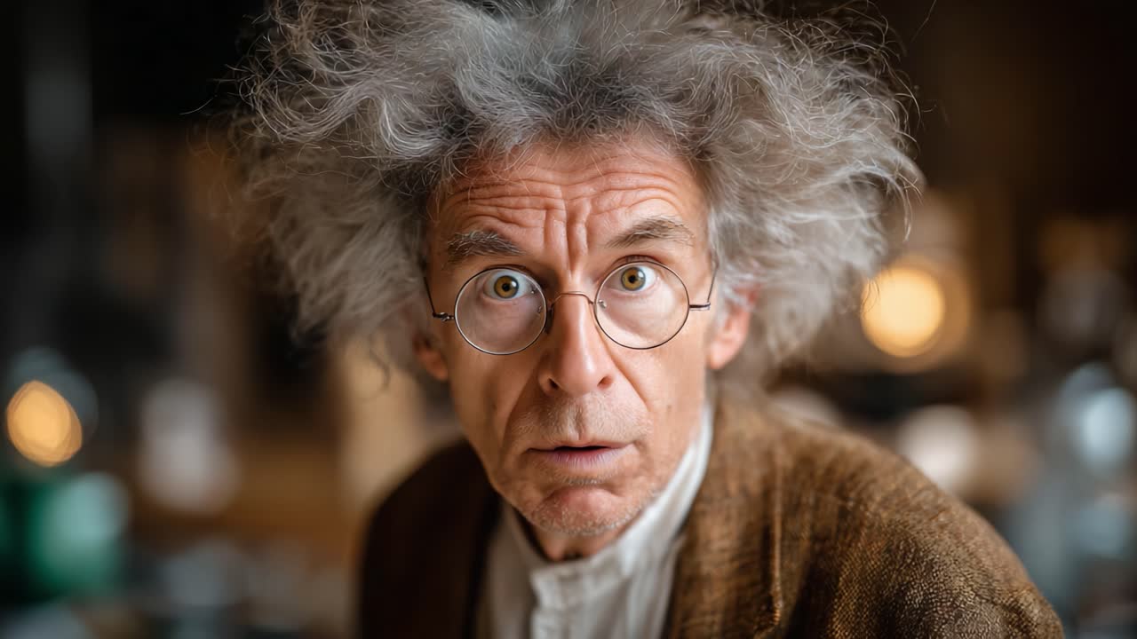 Scienziato curioso con capelli incolti impegnato in esperimenti, alla scoperta di nuove scoperte nel suo laboratorio