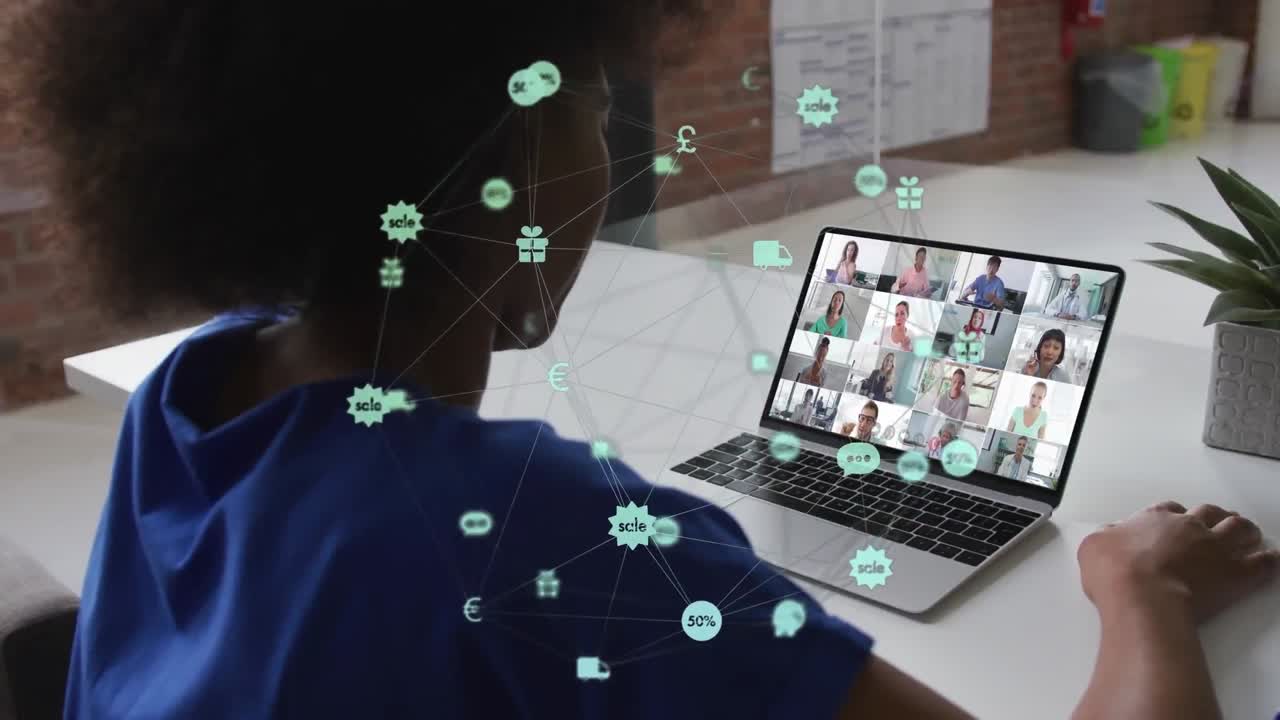 Animation of icons and data processing over african american businesswoman on laptop video call