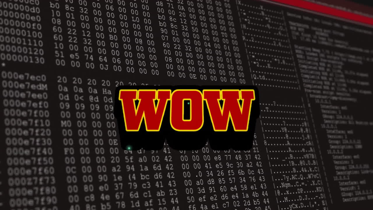 Wow text animation over digital data and binary code background