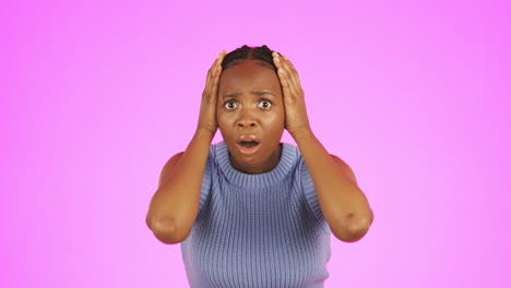 face, shock and fear of black woman in studio
