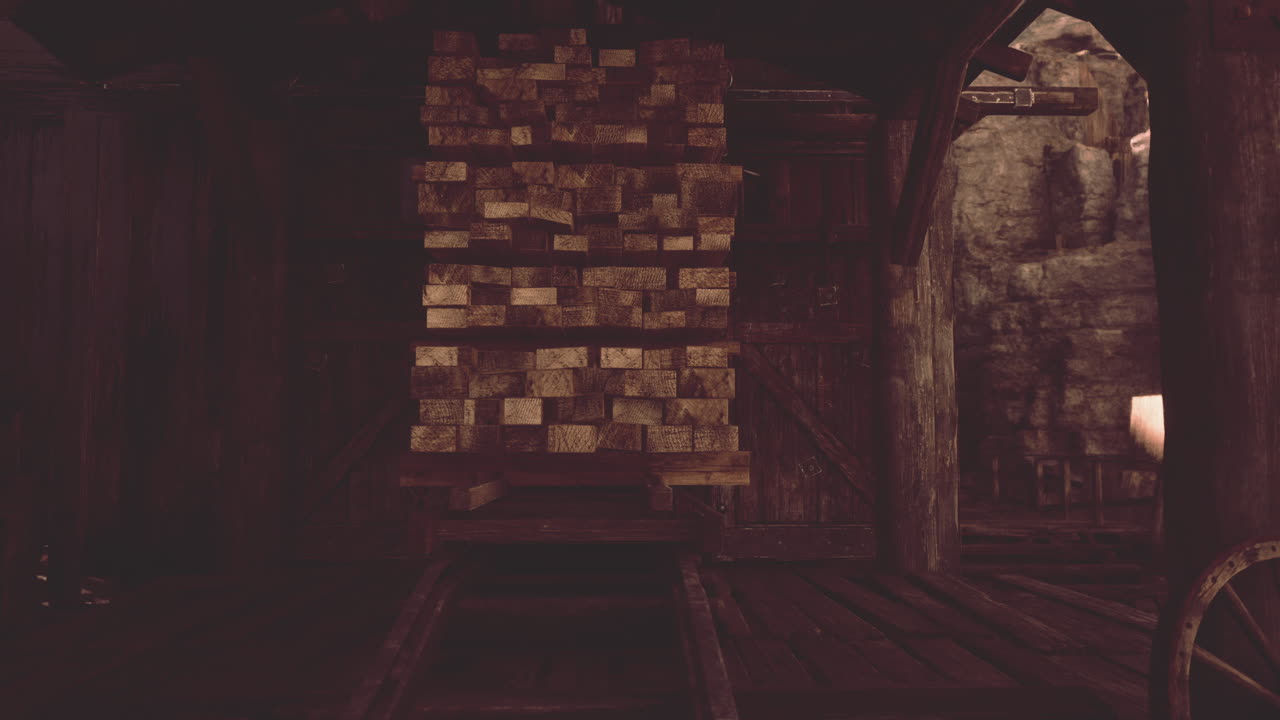 madera apilada en un viejo almacén de madera