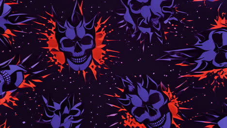 skulls with fiery red and purple designs, dark background animation