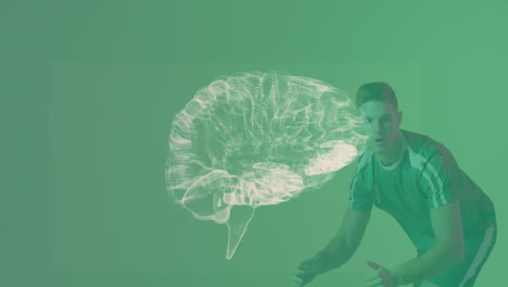 Interacting with brain hologram, athlete in green uniform on green background