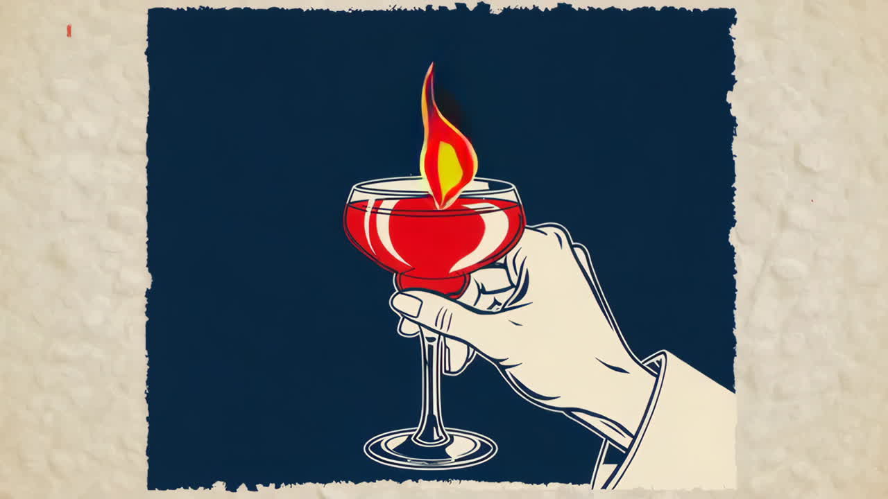 Stylized illustration of a hand holding a cocktail glass with a flame