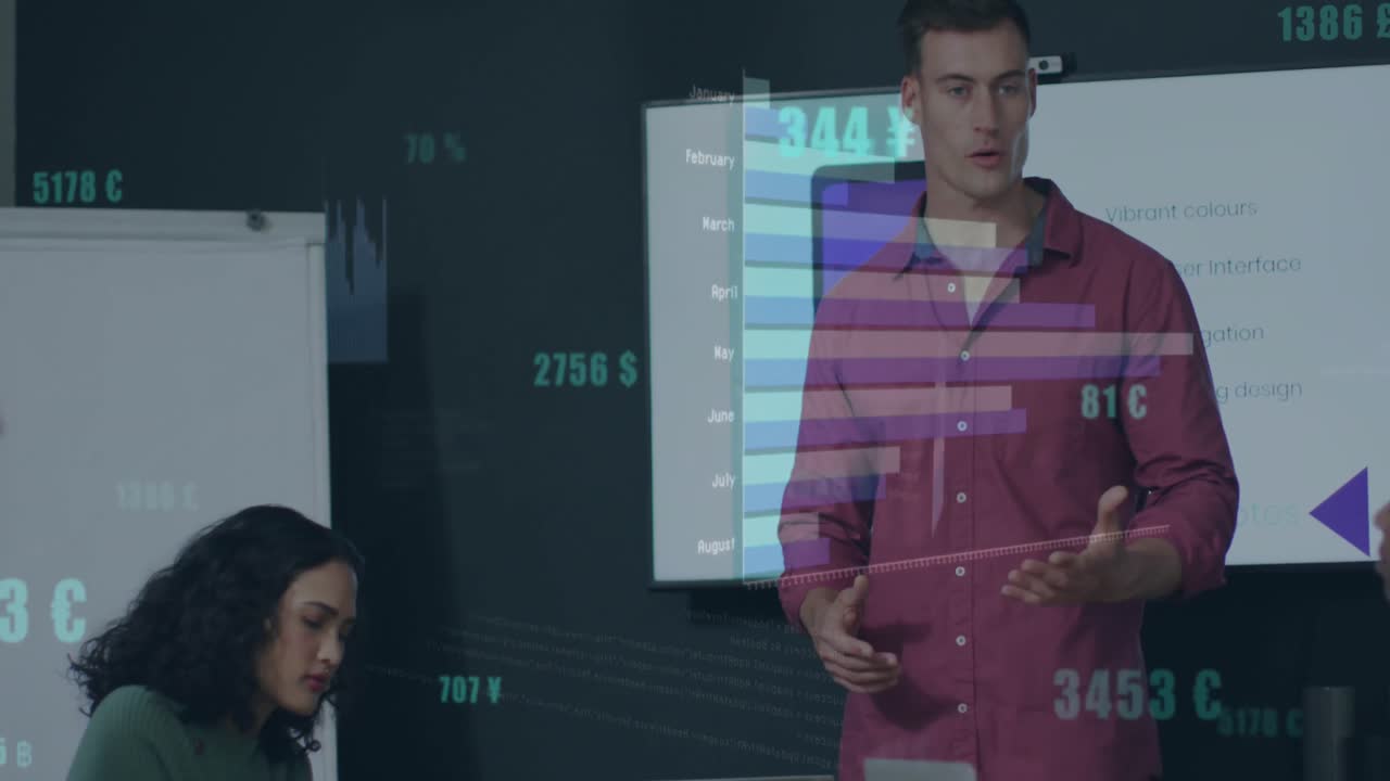 animación del procesamiento de datos estadísticos contra un hombre caucásico haciendo una presentación en la oficina