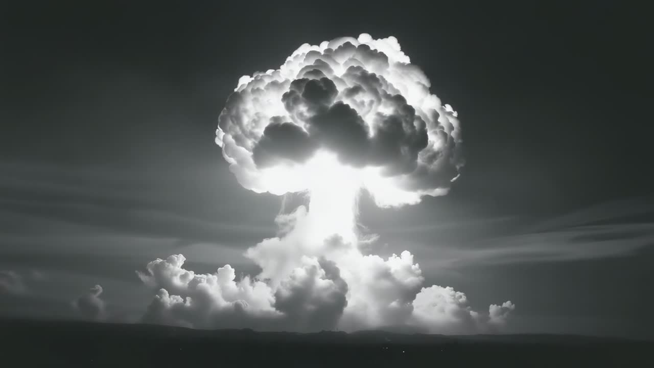 Flashing fireball igniting mushroom cloud forming above open test area, billowing smoke