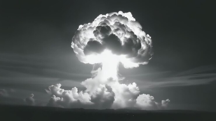 Flashing fireball igniting mushroom cloud forming above open test area, billowing smoke