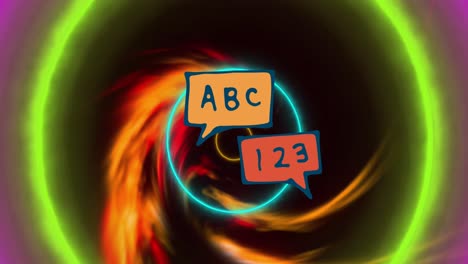 animation of abc 123 over neon circles on black background