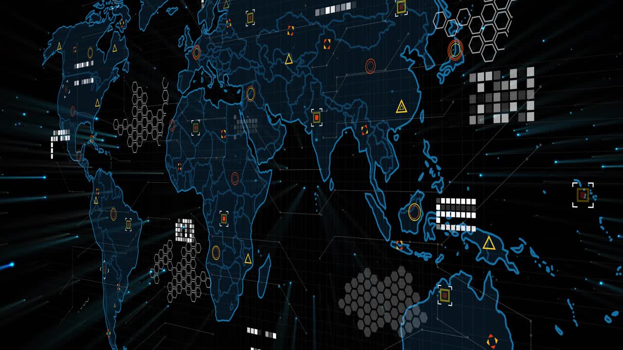 Dark background fading into blue Americas forming world map, pulsing nodes revealing data flows