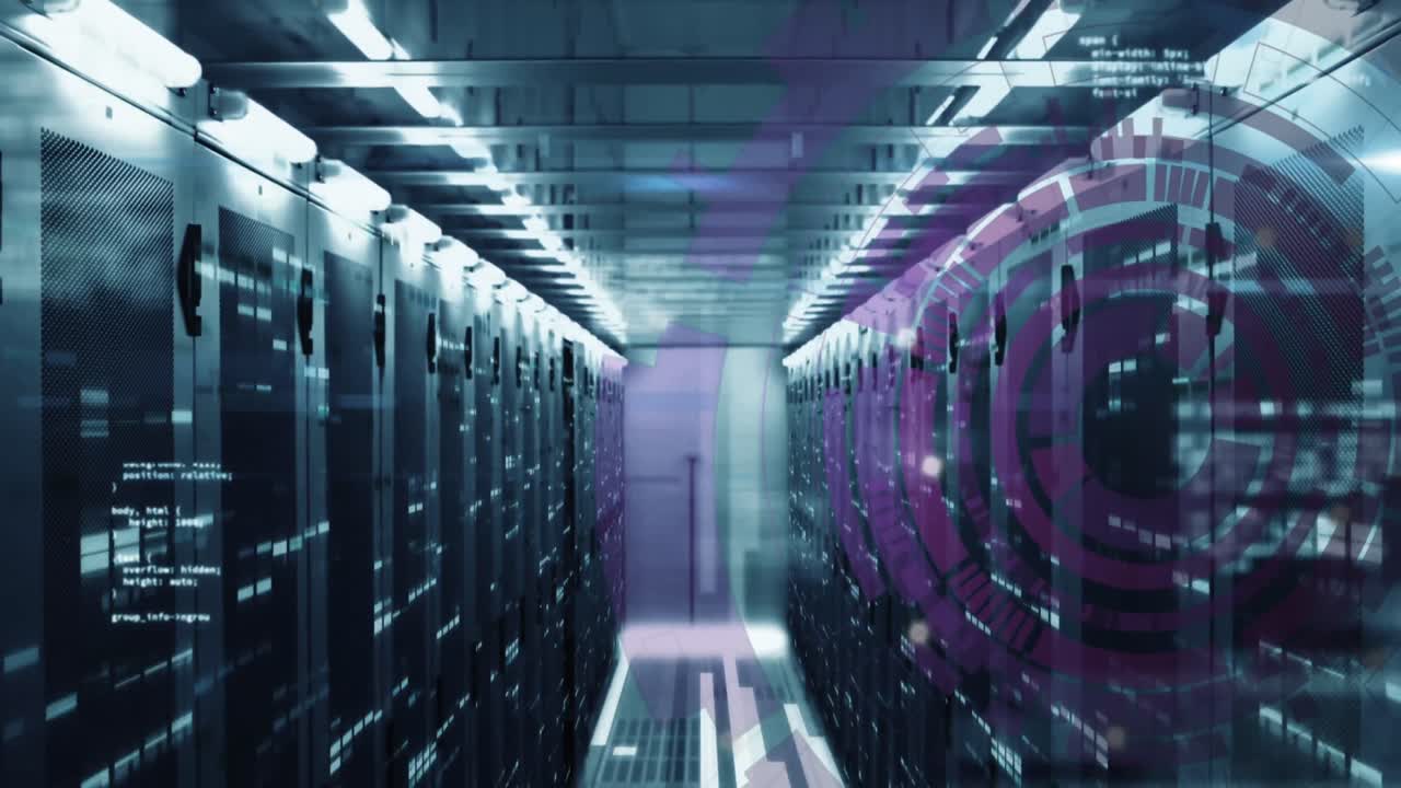 animación de círculos de carga y lenguaje informático sobre la sala de servidores