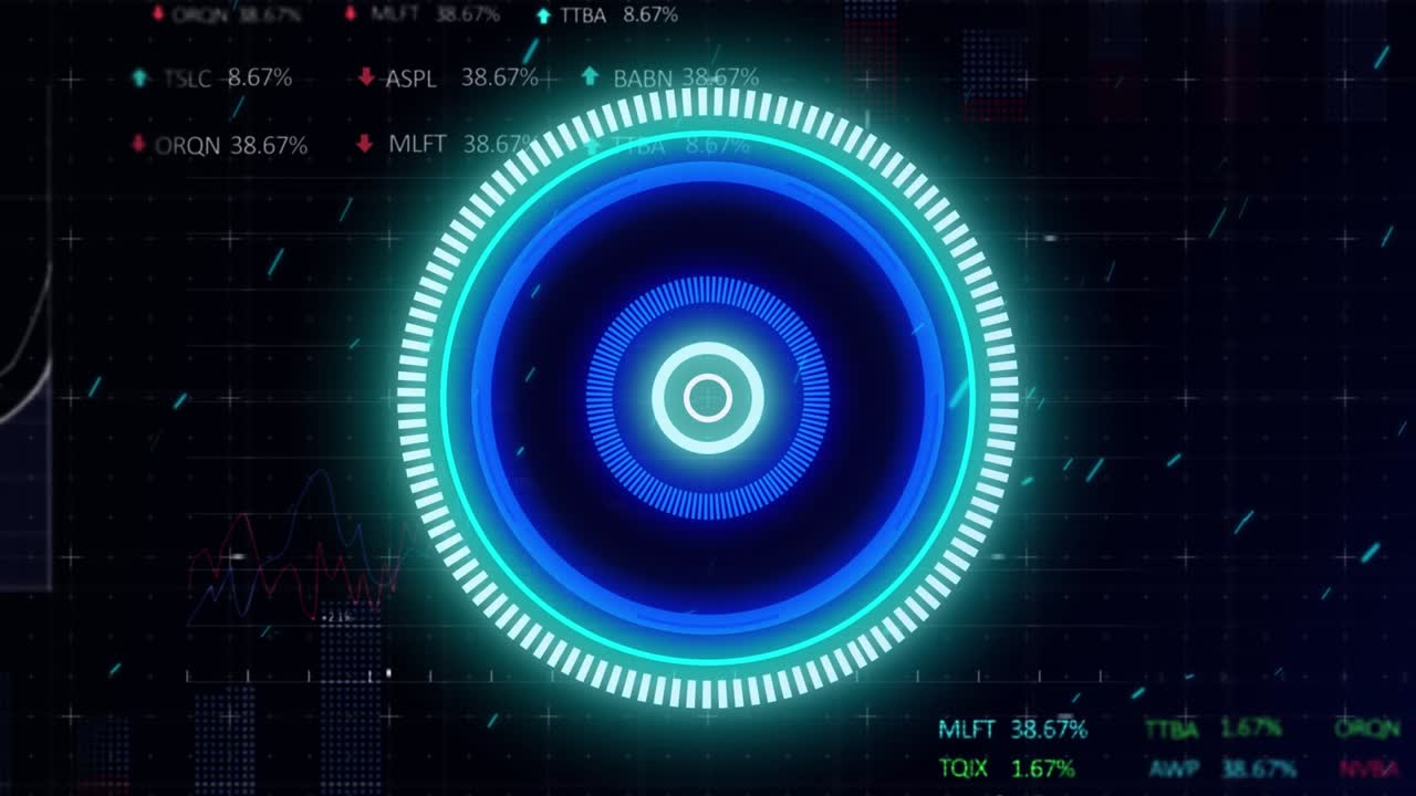 Animation of processing circle over screen with diverse data