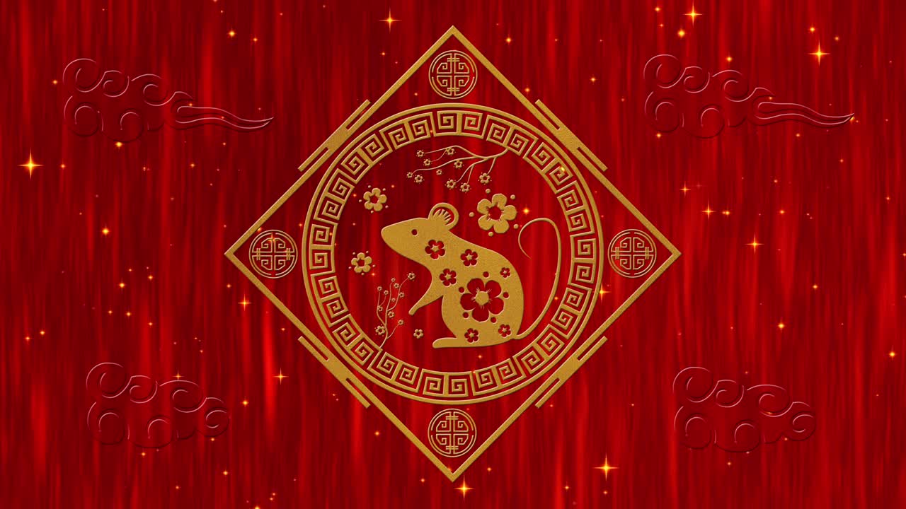 año nuevo lunar, fondo del festival de primavera con rata dorada, fuegos artificiales, estrellas relucientes. animación del año nuevo chino para el evento de vacaciones. renderización 3d de bucle sin costuras 4k video