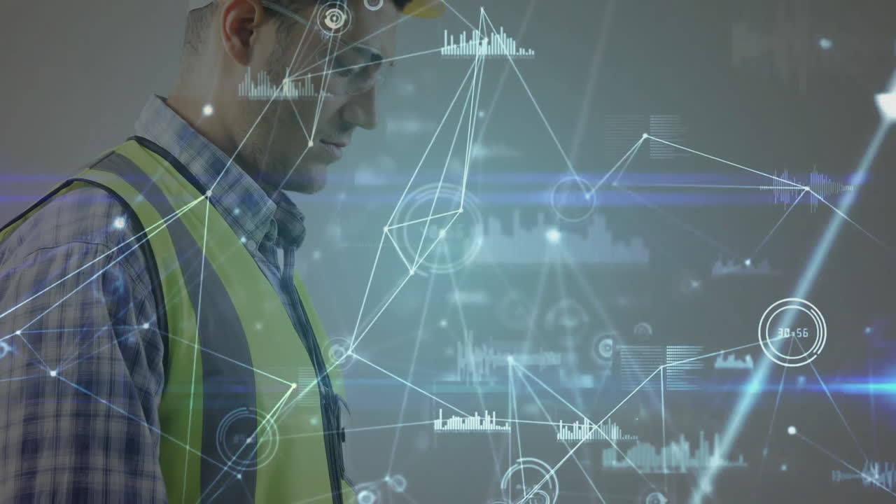 Engineer in hard hat and safety vest with network connections animation overlaid