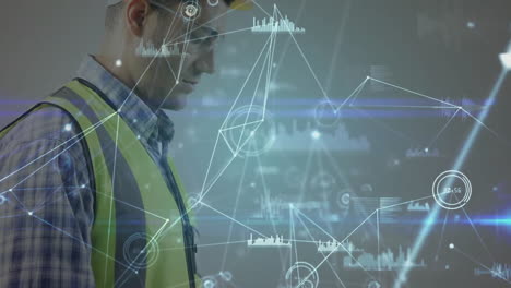 engineer in hard hat and safety vest with network connections animation overlaid