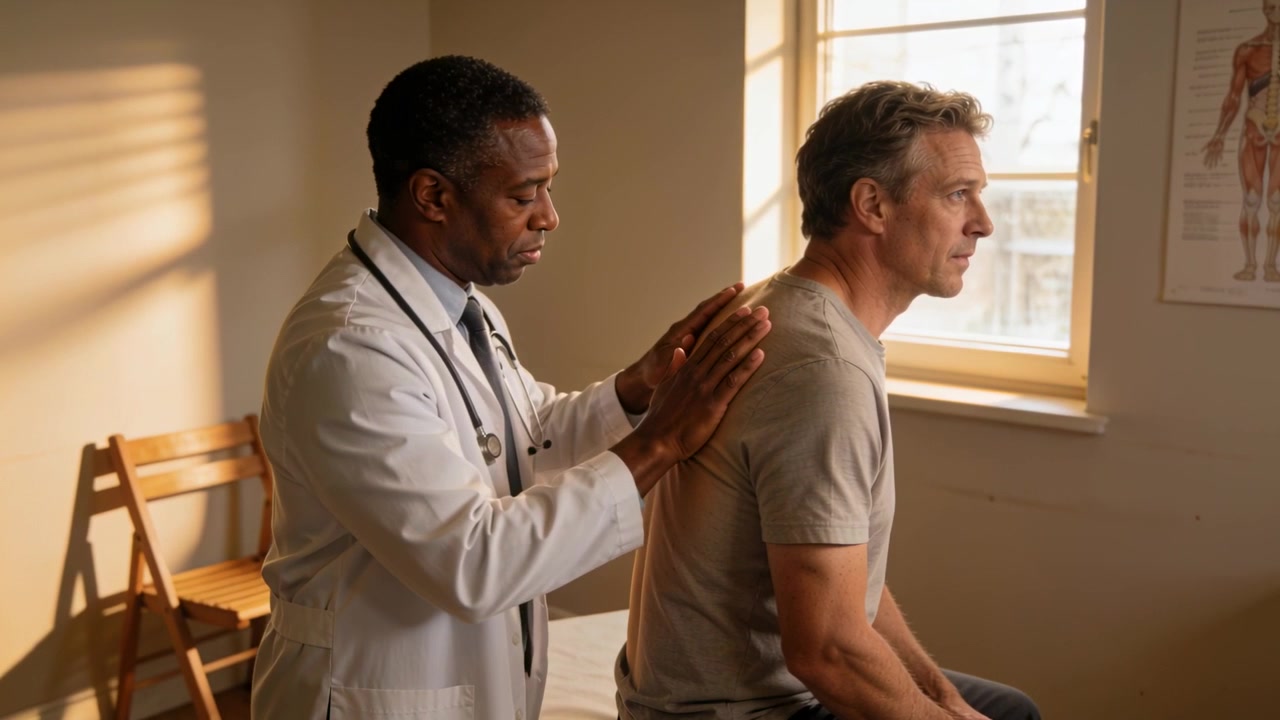 Palpating doctor placing hands on seated patient upper back at clinic for exam, coat stethoscope