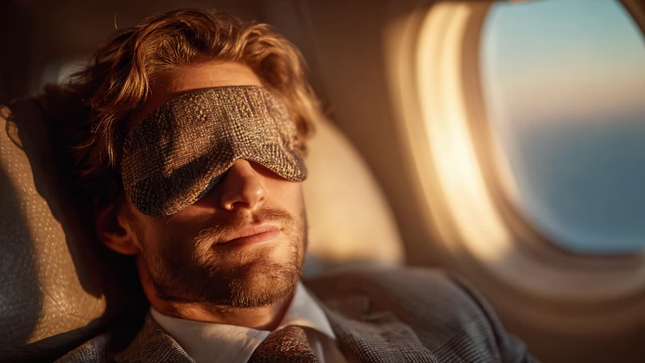 A Restful Journey: A Man in a Suit Wearing a Sleep Mask Relaxes in an Airplane Seat as Sunset Light Filters Through the Window