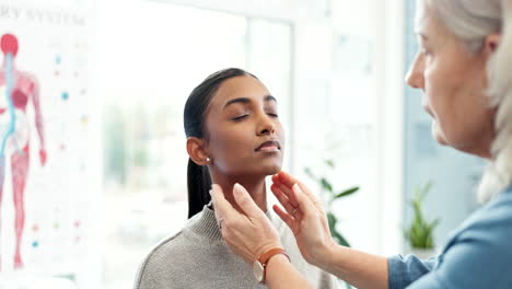 doctor, hands and neck of patient for healthcare