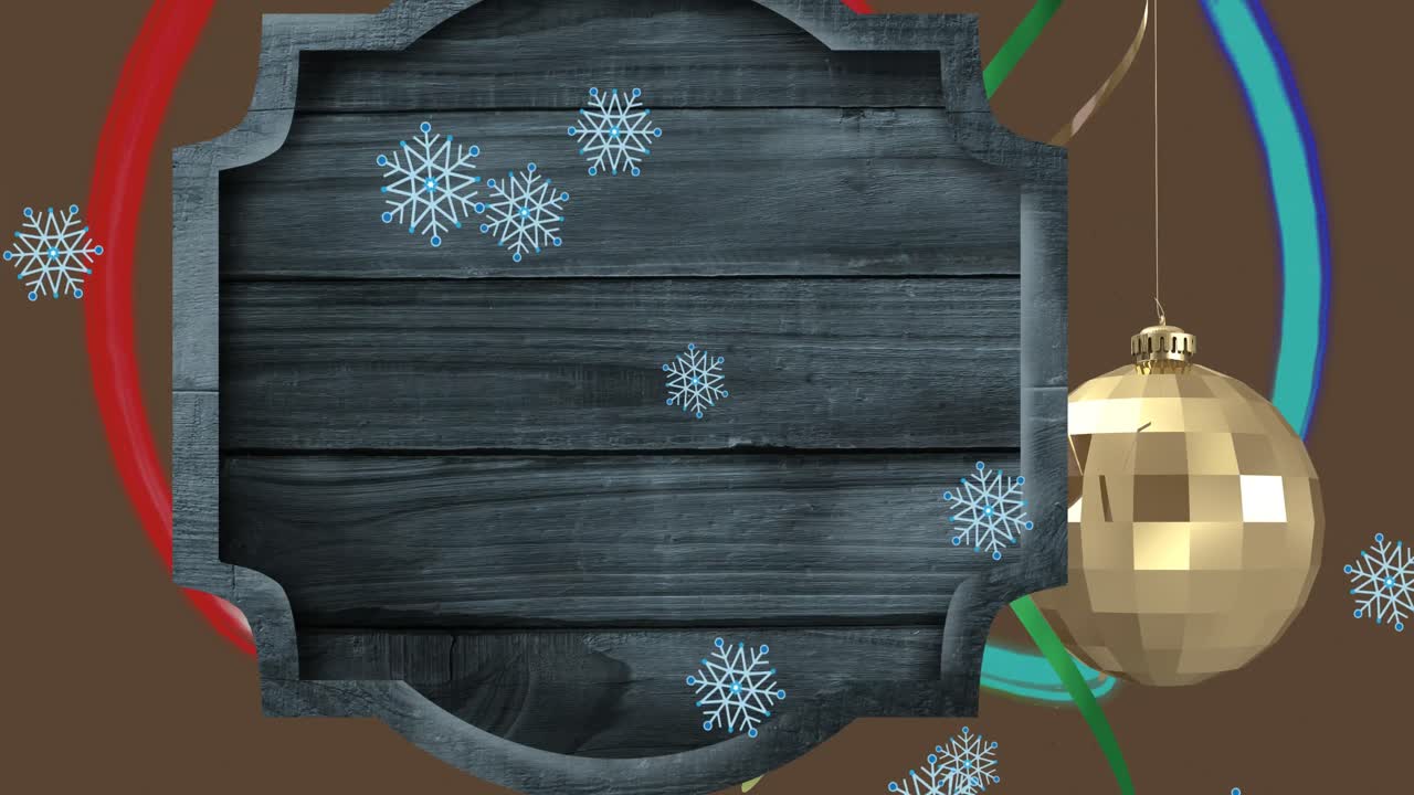 animación de letrero de madera y baubles sobre la nieve que cae.