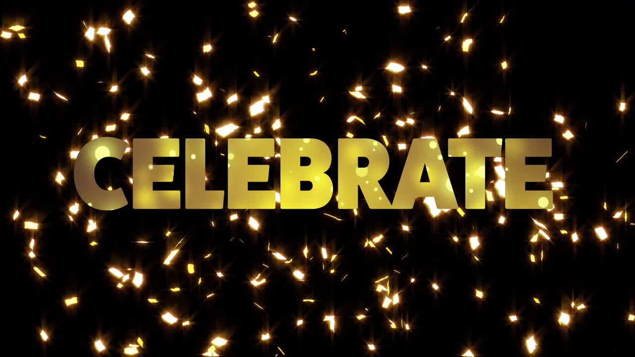 Animation of celebrate text over confetti and fireworks exploding on black background