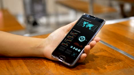 4k hands of woman using using smartphone with hud head up display user interface for mobile application technology concept