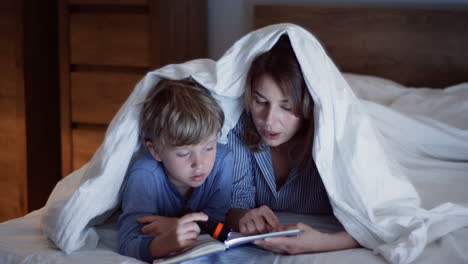 niño, caucásico, niño, hermano, niña, cama, noche, hogar, casa, interior, tableta, noche, viendo