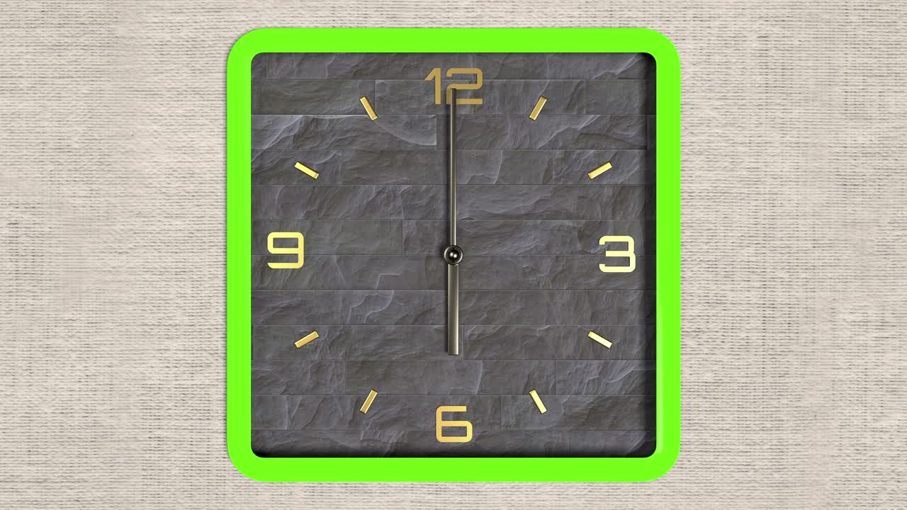 animación 3d de reloj de forma cuadrada en la pared. patrón sin costuras de tiempo en movimiento.