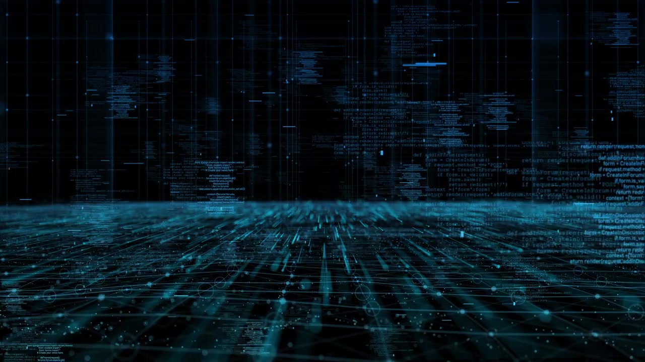 Dark software data grid visual code fragments light columns and connected floor pathways coding