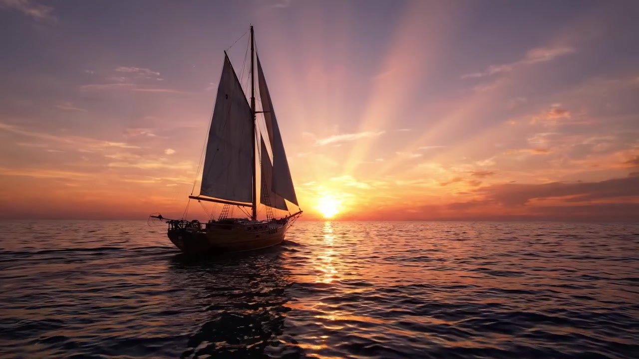 Una maestosa avventura in barca a vela al tramonto: una bellissima nave che naviga le calme acque dell'oceano sotto un cielo mozzafiato pieno di colori vivaci e luce solare dorata
