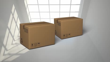 animation of two cardboard boxes falling on white floor with skylight in the background