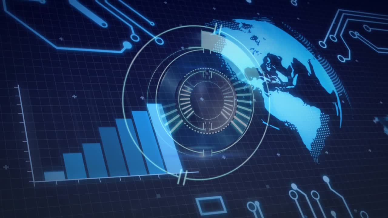 Dial appearing initiating rings spinning, arc sweeping, bars rising, globe rotating, showing data