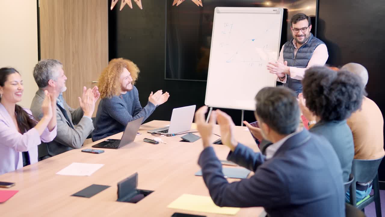 Coworkers applauding during a colleague presentation of a project