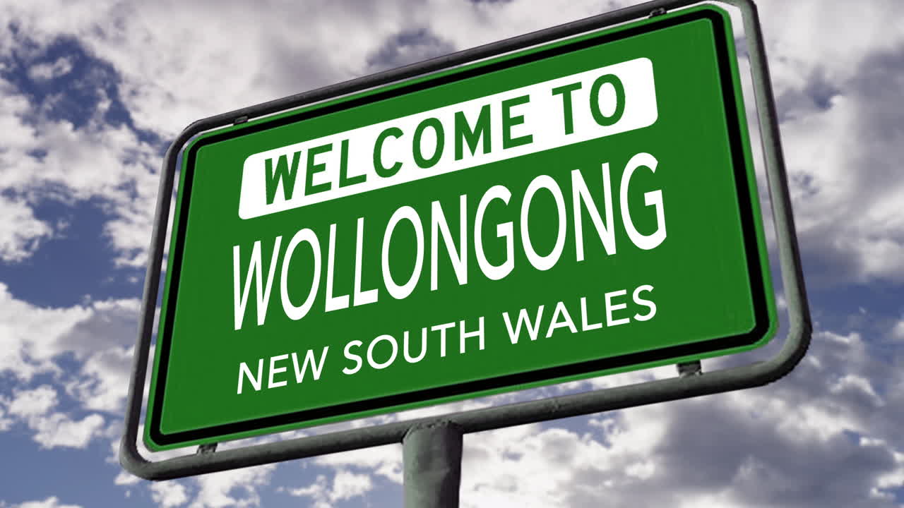 bienvenido a wollongong, nueva gales del sur, australia, señal de carretera de la ciudad, animación 3d realista