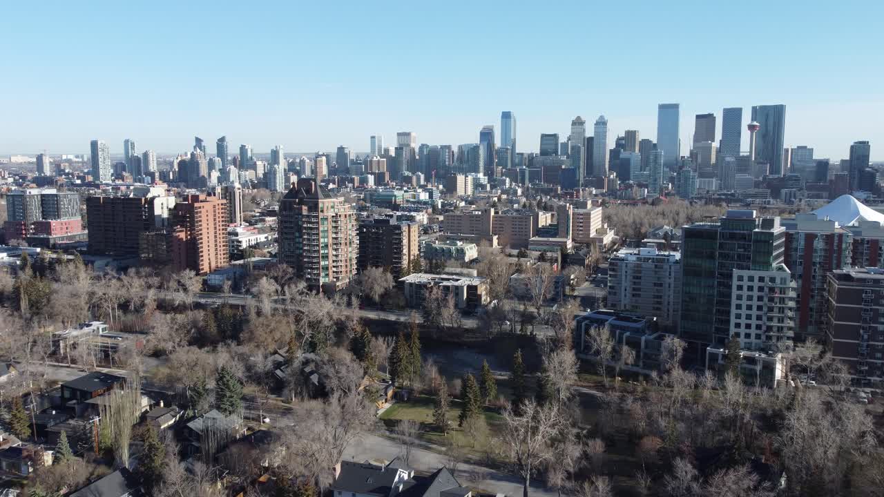 Aerial view of Calgary's inner-city neighbourhood of Mission on an early spring morning