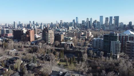 aerial view of calgary's inner-city neighbourhood of mission on an early spring morning