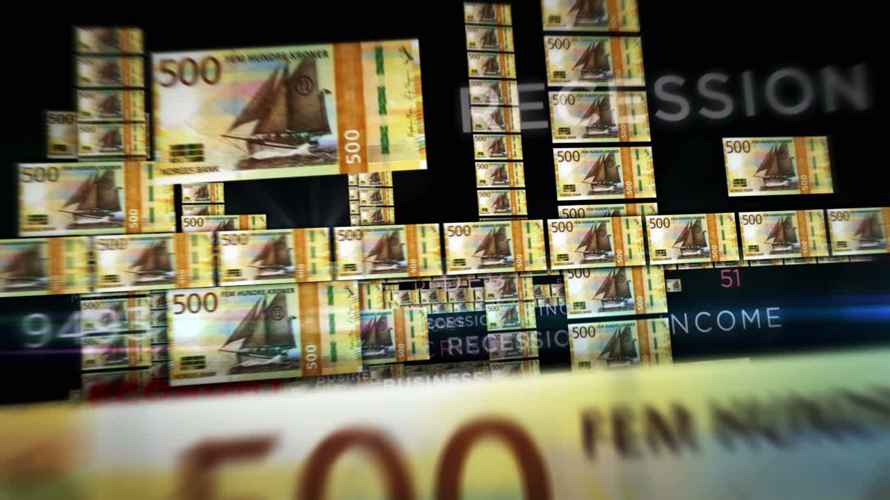 Banconote di corone norvegesi in volo continuo in loop