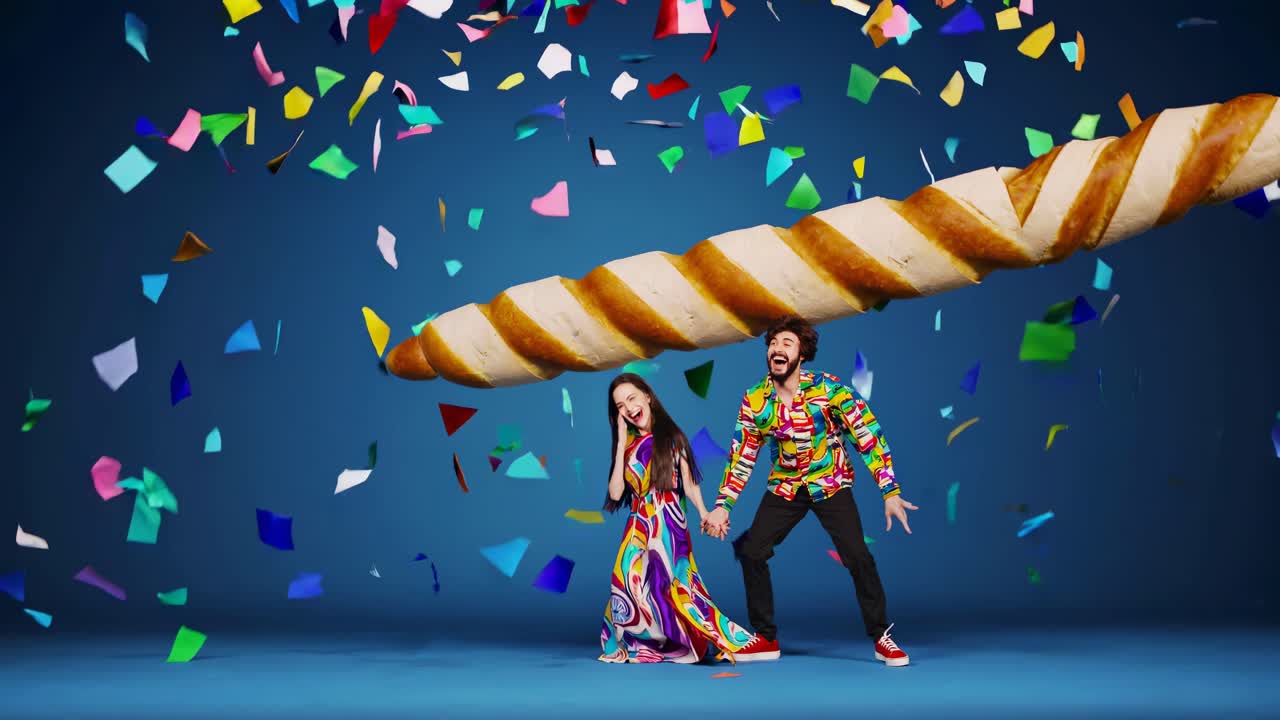 커플이 거대한 과 콘페티로 축하하고 있습니다.